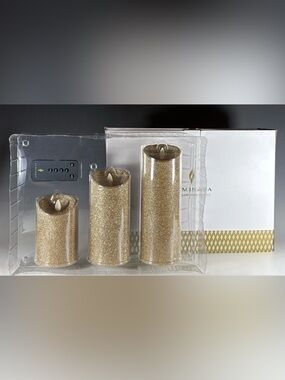 NIB Luminara Flameless Moving Flame Candle Set 3-Piece Gold Glitter & Remote
